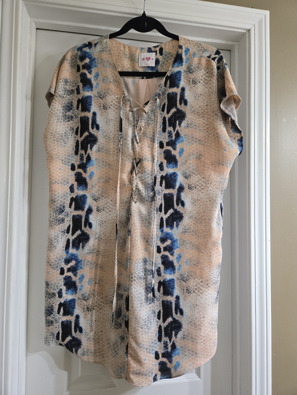 Buddy Love Peach Snake-Print Mini Dress with Blue and Black Accents Size Small